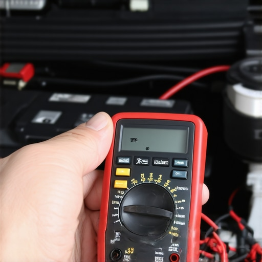Multimeter measuring car battery voltage in engine bay