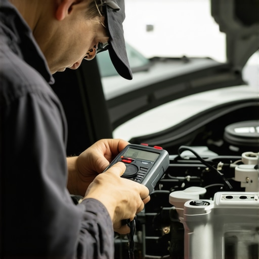 Mechanic using multimeter to diagnose car's alternator in garage