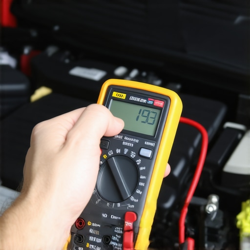 Person using a multimeter to measure car battery voltage