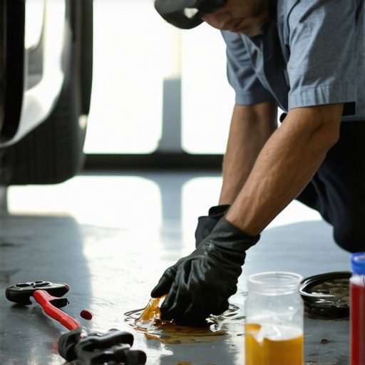 Person draining used transmission fluid from a car's transmission pan during maintenance