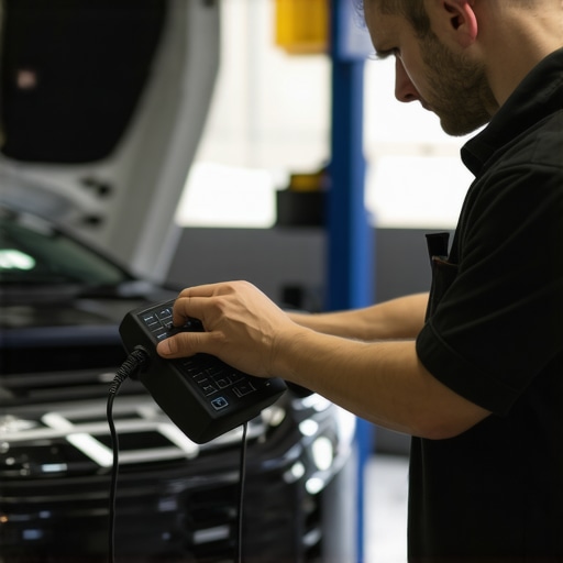 Using Advanced Diagnostic Tools for Vehicle Maintenance Mechanic with a high-tech scan tool diagnosing a vehicle in an automotive repair shop.