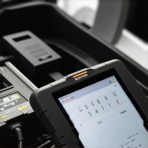Close-up view of a diagnostic scanner connected to a car's OBD-II port with data on a tablet screen.
