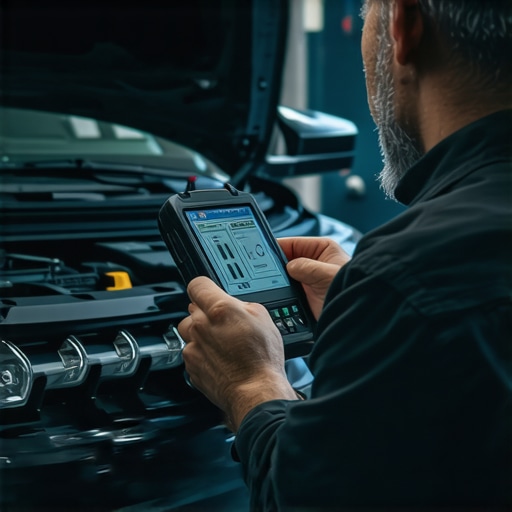 Mechanic connecting a diagnostic scanner to a car's onboard port for troubleshooting.