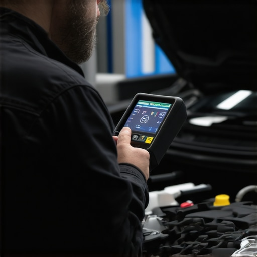Mechanic diagnostics car engine with advanced scanner, workshop environment
