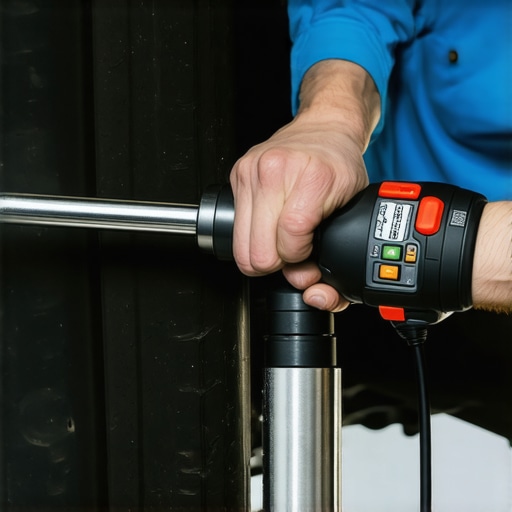 Using a Digital Torque Wrench in Auto Maintenance A mechanic using a precise digital torque wrench on a vehicle suspension component, emphasizing accuracy in vehicle repair