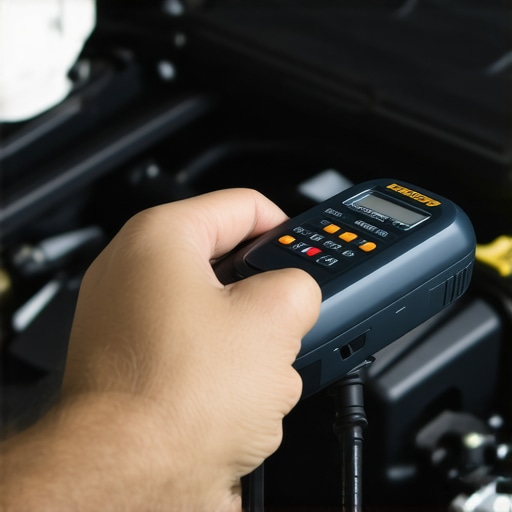 Using a Digital Transmission Scanner for Maintenance A mechanic inspecting a car's transmission with a high-tech scanner