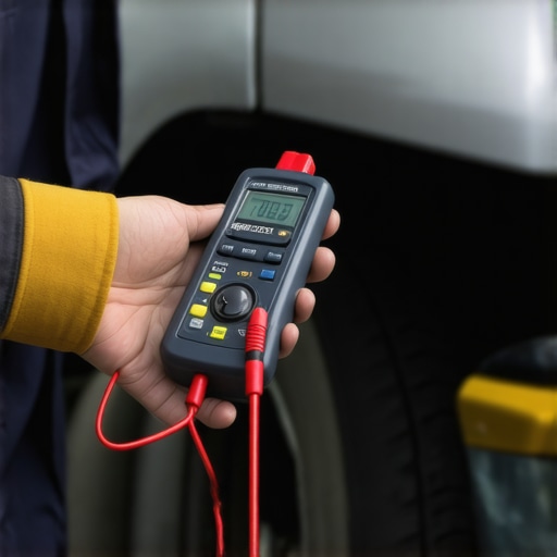 A mechanic's hand holding a multimeter testing a car's alternator in a garage.