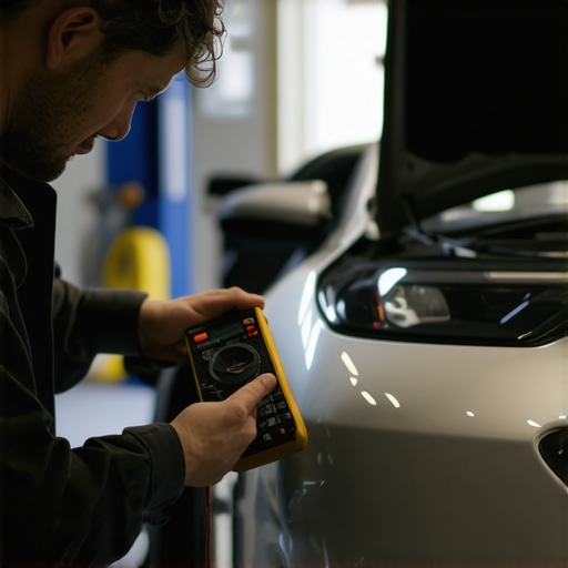 A mechanic's hand holding a digital multimeter testing a vehicle's alternator to check electrical output.