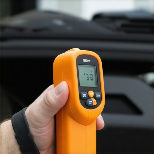 A technician measuring car engine temperature with an infrared thermometer during maintenance.