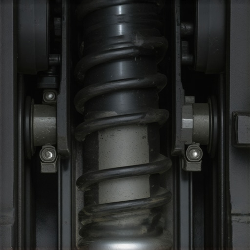 Close-up showing suspension struts and nearby components with signs of oil leaks and rust.