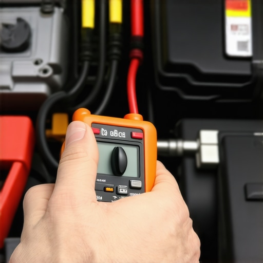 Assessing Car Battery with a Multimeter Mechanic's hand measuring car battery voltage with a multimeter during maintenance