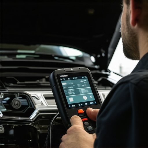 Automotive Diagnostic Scanner in Use A mechanic testing a car's electronic systems with a modern OBD-II device, showing live data on the screen.