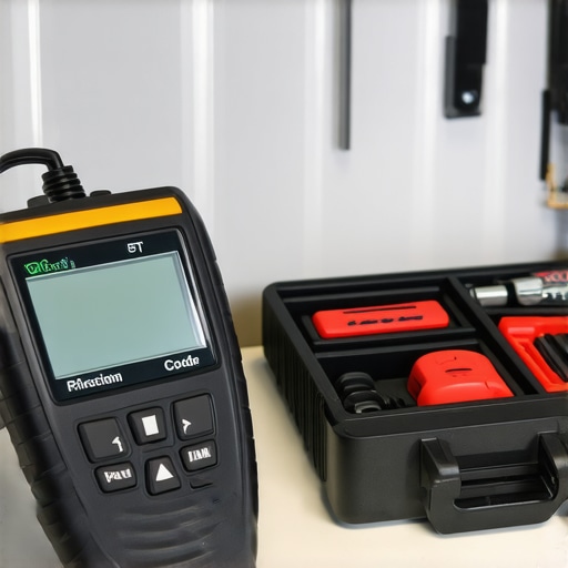 Close-up of a car diagnostic scanner, torque wrench, and cleaning supplies arranged on a garage workbench.