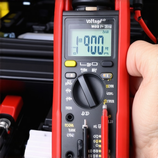 Close-up of a digital multimeter measuring a car battery's voltage during maintenance.