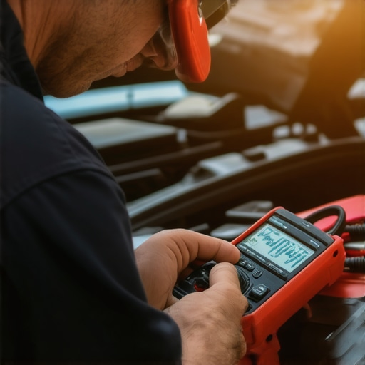 Battery Testing Technician measuring car battery voltage with multimeter