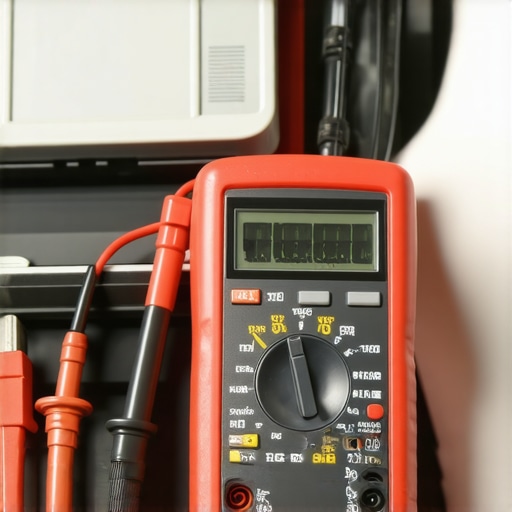 Car Battery Testing with Multimeter Multimeter measuring electrical current at a car battery in garage.