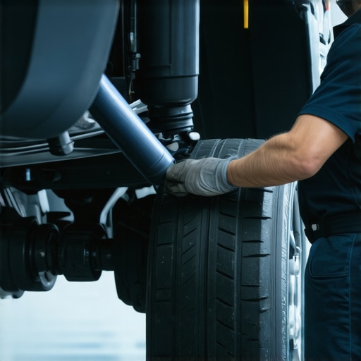 Mechanic inspecting car suspension and wheels in garage