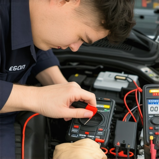 Mechanic measuring electrical current in a vehicle using a multimeter.