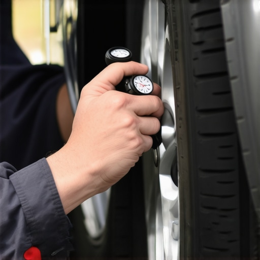 Mechanic measuring car tire pressure with a gauge
