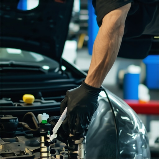 Mechanic inspecting transmission fluid dipstick during maintenance.