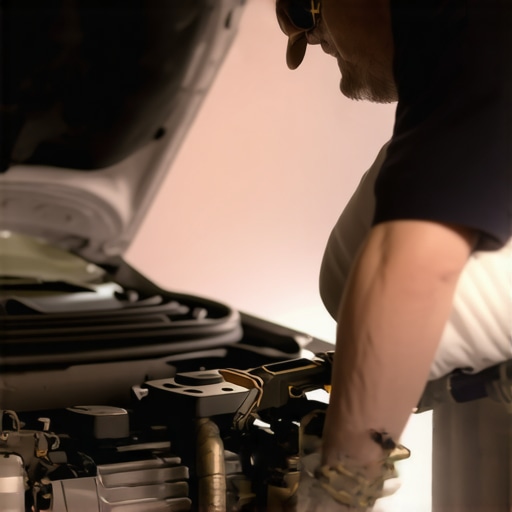 A mechanic testing engine for vacuum leaks using a smoke machine in a garage