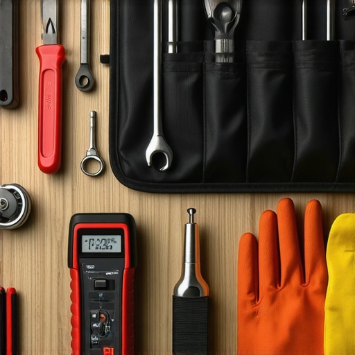 Tools for auto repair and diagnostics laid out on a workbench.