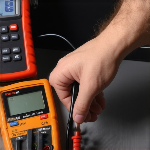 Hands using multimeter and OBD-II scanner on a car engine in a garage.