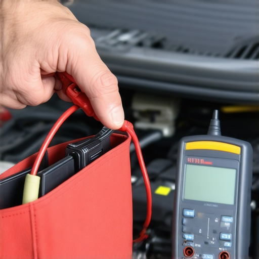A mechanic testing vehicle sensors with a multimeter and diagnostic scanner in a workshop.