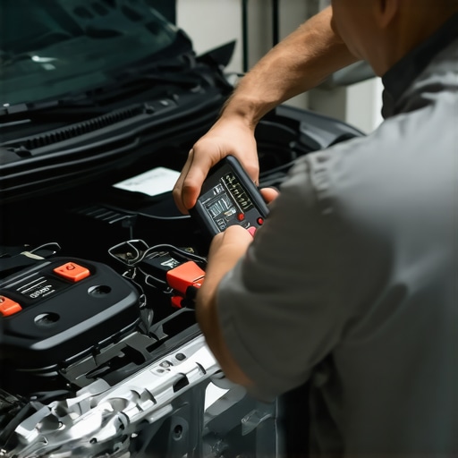 Essential Automotive Maintenance Tools in Action Mechanic testing car wiring with multimeter and diagnostic scanner, showcasing tools used for vehicle upkeep.