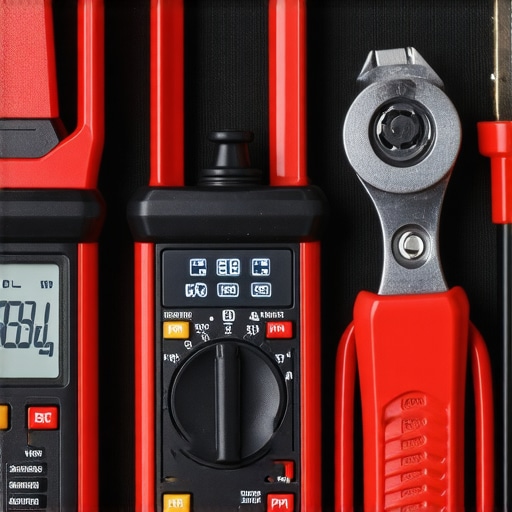 Tools like multimeter, socket wrench, and diagnostic scanner laid out on a workbench