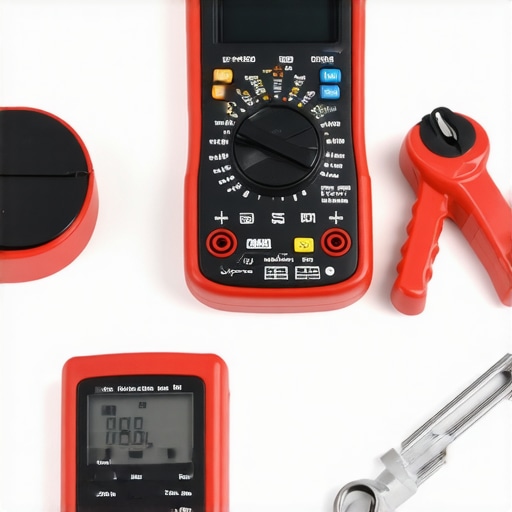 A set of automotive tools including a code scanner, torque wrench, and multimeter on a workbench.