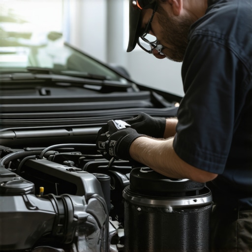 Mechanic analyzing engine components with diagnostic tools in a professional auto repair shop