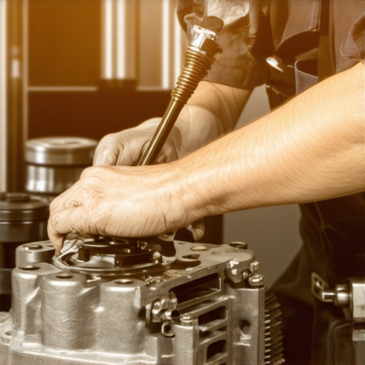 Expert Transmission Inspection Mechanic examining car transmission parts with tools in a garage.