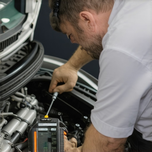Mechanic performing transmission diagnosis with tools