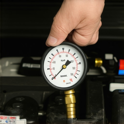 Person attaching a fuel pressure gauge to a car's fuel rail for diagnostics