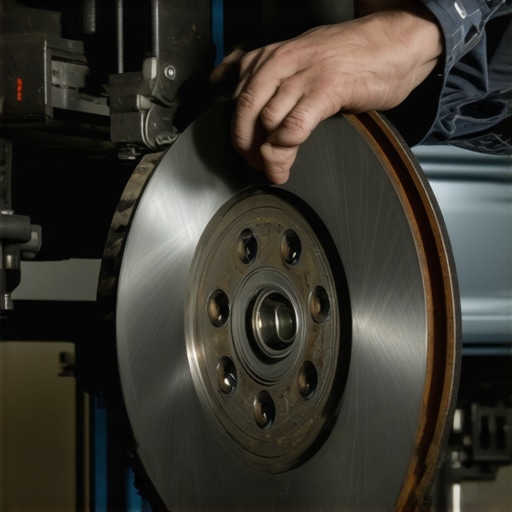 Mechanic measuring brake rotor flatness with a dial indicator in a garage.