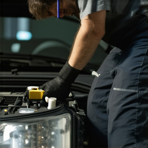 Inspecting Car Ground Strap Mechanic cleaning car ground strap with wire brush inside engine bay