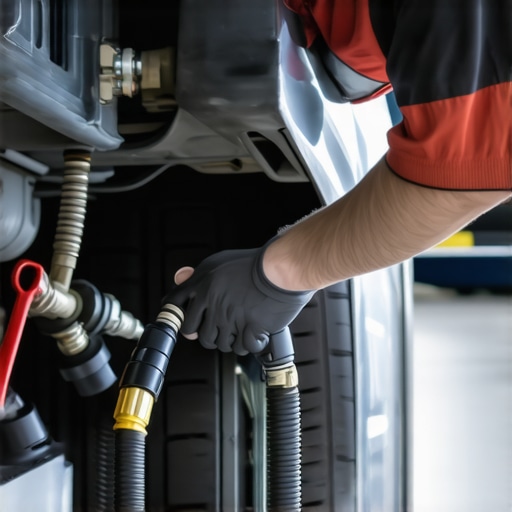 Mechanic using flashlight and pressure tester to inspect hoses underneath a car's hood.