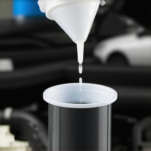Mechanic checking coolant reservoir in car engine bay.