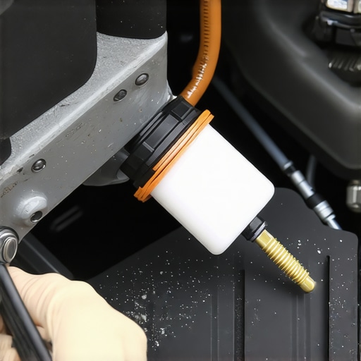 Mechanic inspecting the car's fuel pump and filter during maintenance process.