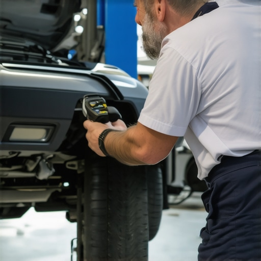 Mechanic checking car belts and hoses during diagnosis.