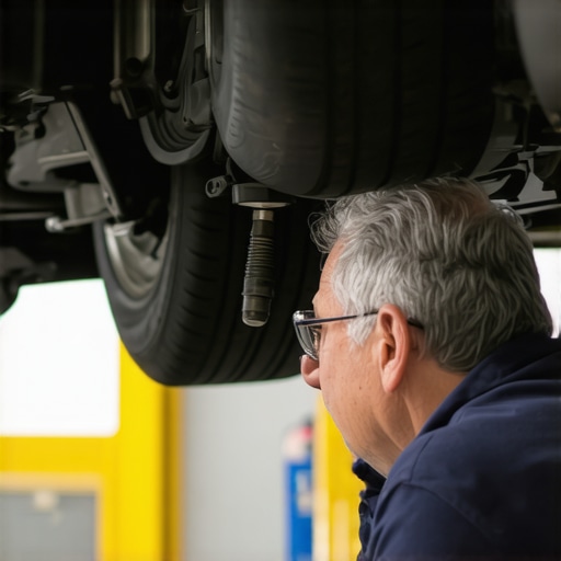 Mechanic inspecting car suspension parts for wear and damage.
