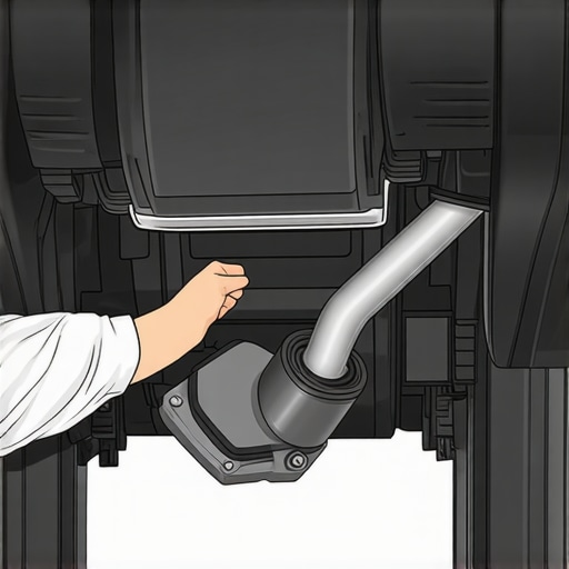 Person inspecting a car's undercarriage to identify a clogged catalytic converter.