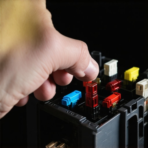 A mechanic's hand holding a blown automotive fuse over the fuse box.