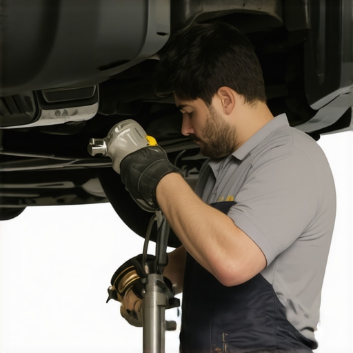 Inspecting the Catalytic Converter Mechanic inspecting vehicle's catalytic converter for damage during repair.