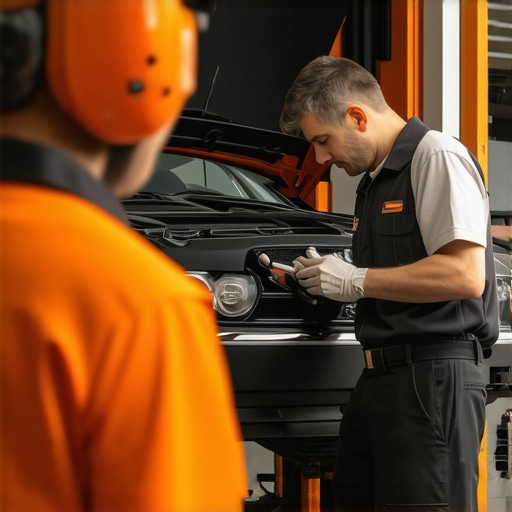 Mechanic Diagnosing Complex Car Issue A professional mechanic using diagnostic equipment on a car in a well-equipped workshop.
