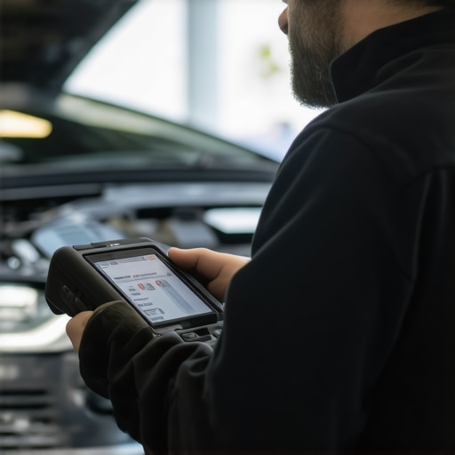 Professional auto technician using diagnostic equipment to analyze vehicle transmission