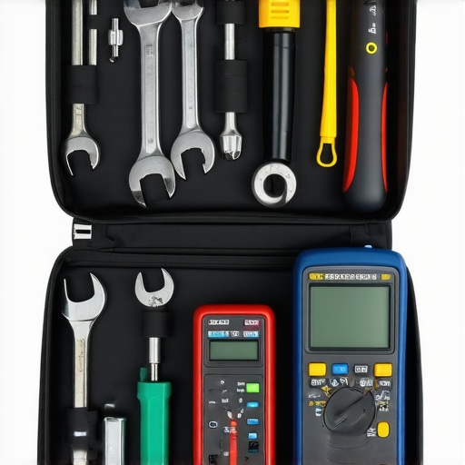 A neatly arranged toolbox containing essential automotive tools like wrenches, a multimeter, and diagnostic devices.