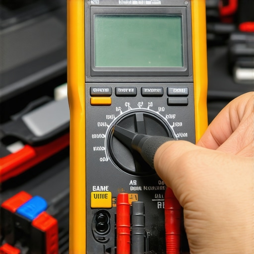 A technician uses a multimeter to check a car's electrical system in a workshop