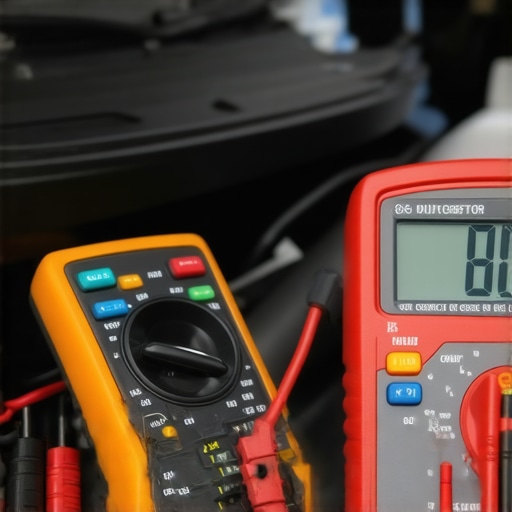 Close-up of a multimeter measuring car battery voltage with repair tools in the background